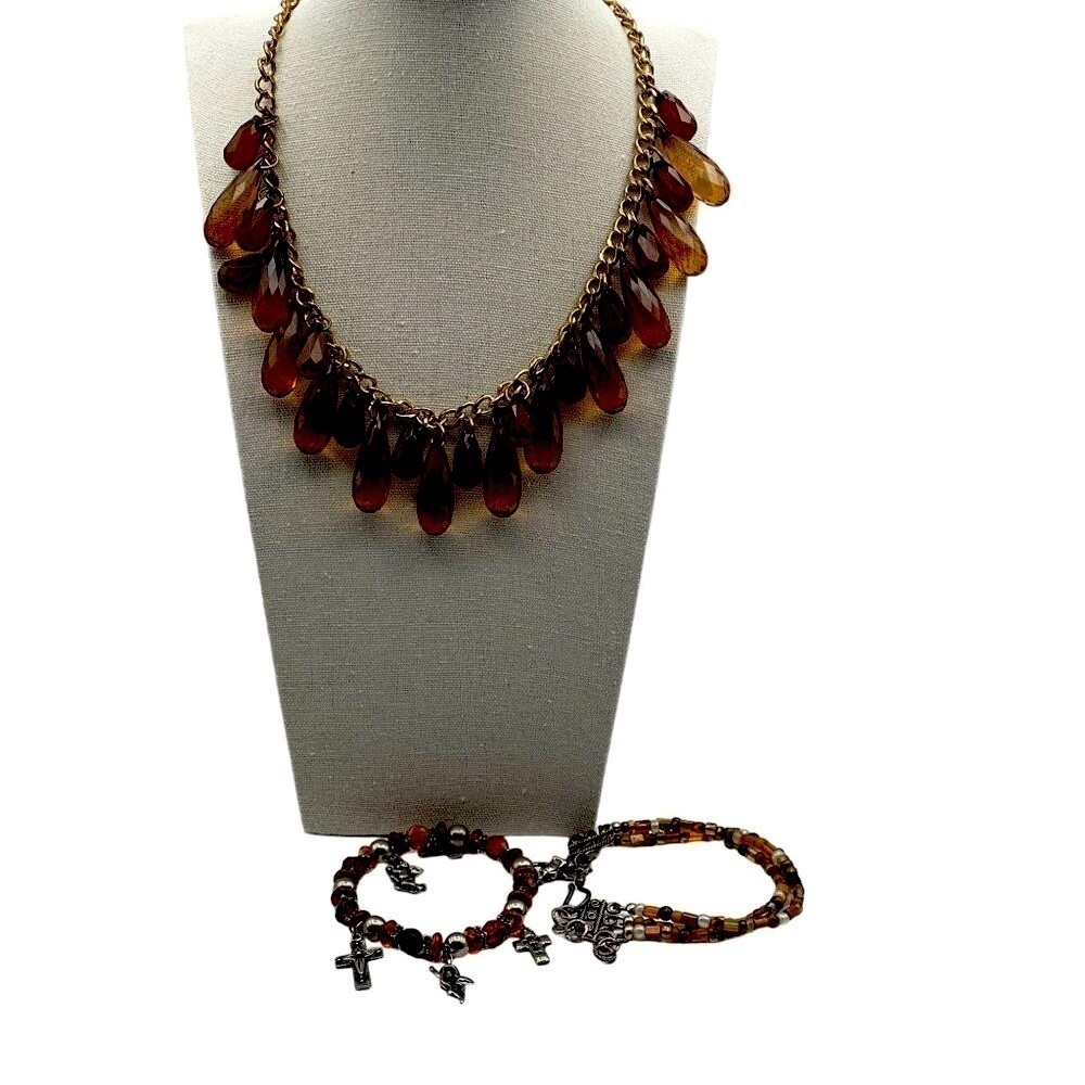 Faux Amber Teardrop Statement Necklace & Charm Bracelet Set   N77